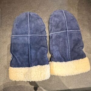 Blue Leather Cowhide Mittens with Cream Trim large /XLarge